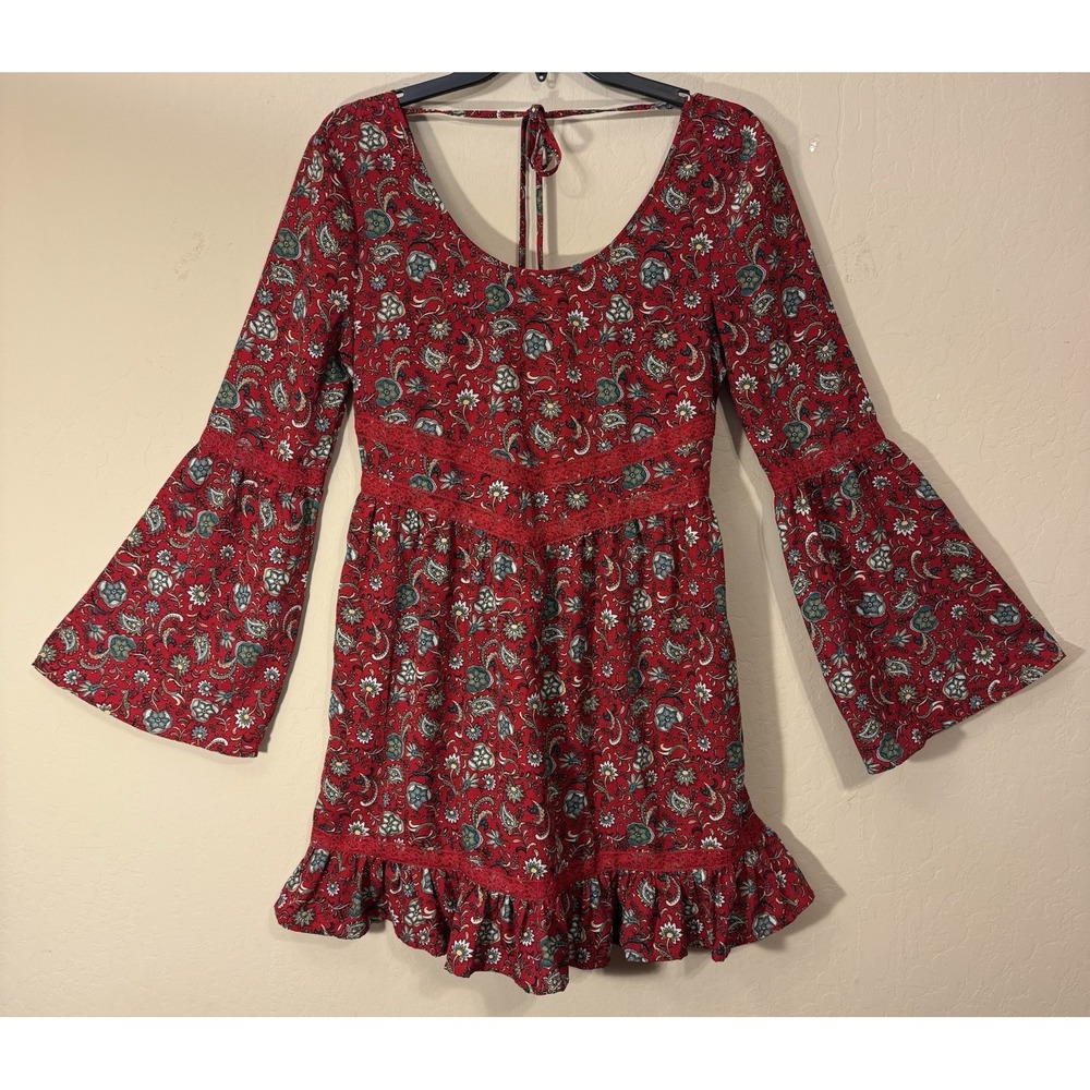 Band of Gypsies Dress Small Red Floral Bell Sleeve Boho Chic Hippie‎ Cottagecore